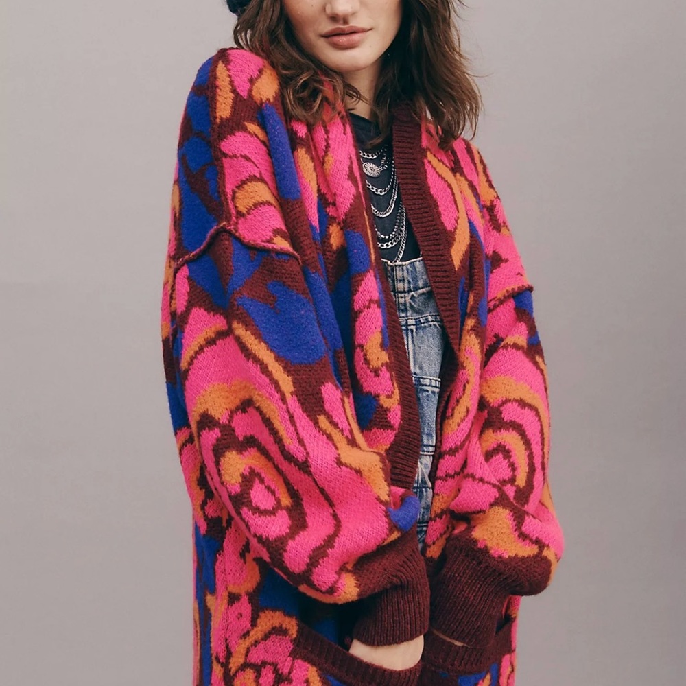 Free People Bloom Cardi Pink and Blue Floral